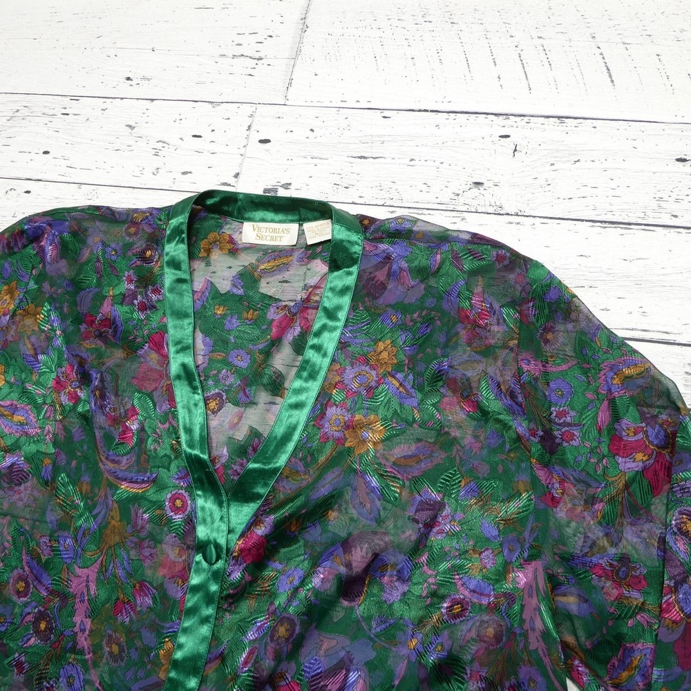 Vintage Victoria's Secret Robe Womens M/L Green Floral Chiffon Kimono Sheer - Picture 3 of 10